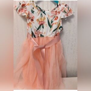 Toddler Girls Peach Floral Layered Tulle Dress with Ribbon Sash Size 4